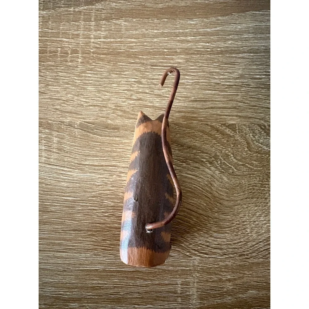 Hand-Carved Wooden Cat Figurine - Whimsical Folk Art Decor - Long Tail Striped